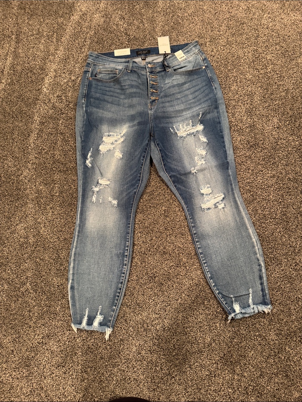 Judy Blue Distressed High-Rise Button-Fly Jeans - Light Blue